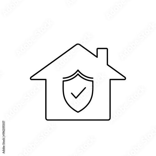 Home security icon featuring a house with a shield and checkmark Vector, illustration