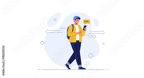 Man with smartphone, P2P connection concept, walking, technology, communication