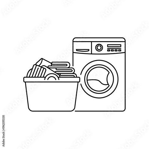 Washing machine with basket of clothes next to it for laundry day Vector, illustration