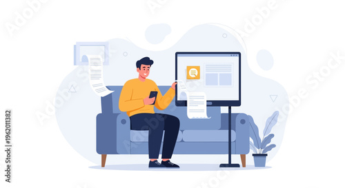 Man on Sofa with Phone and Computer, Working Remotely, Digital Nomad Lifestyle