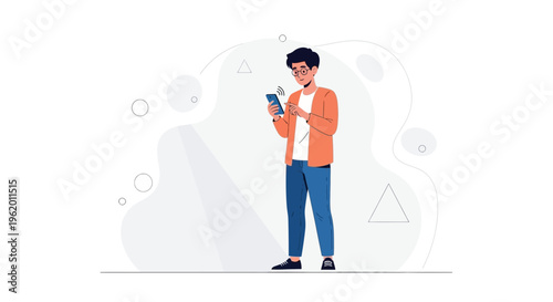 Young man in glasses using smartphone, modern flat illustration, connectivity concept