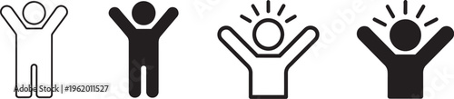 Happy person icon with raised arms, joyful human figure pictogram, success celebration positive emotion concept for business achievement motivation UI design
