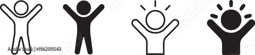 Happy person icon with raised arms, joyful human figure pictogram, success celebration positive emotion concept for business achievement motivation UI design