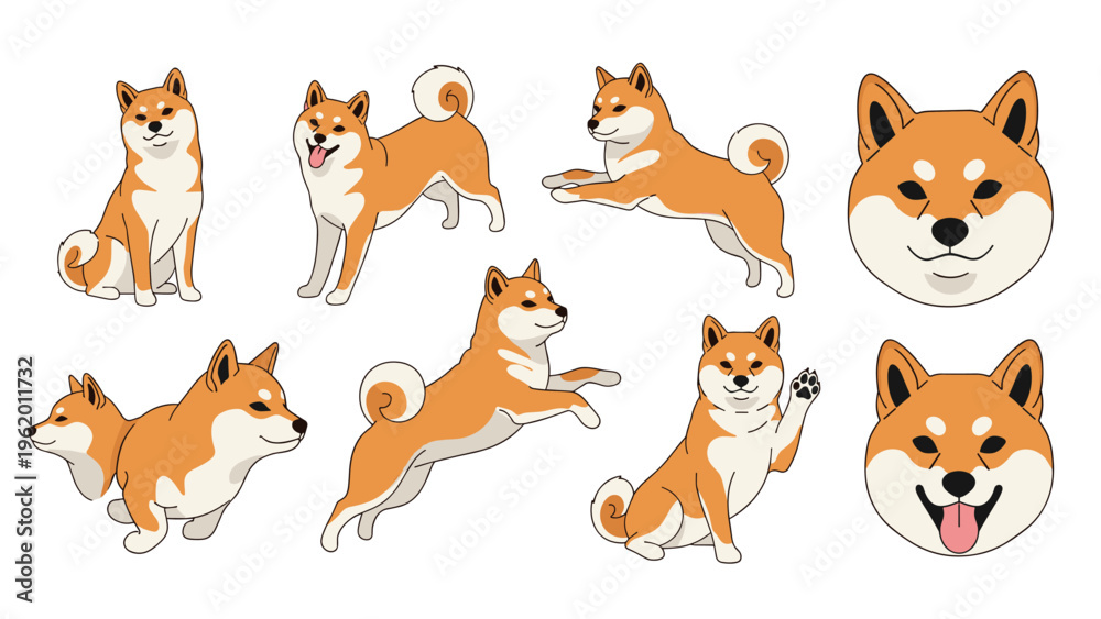 Fototapeta premium Collection of seven illustrations of a Shiba Inu dog in various playful poses such as sitting and jumping.
