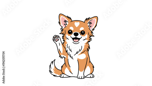 Cute long-haired Chihuahua puppy sitting and waving its paw with a big smile, isolated on white background.