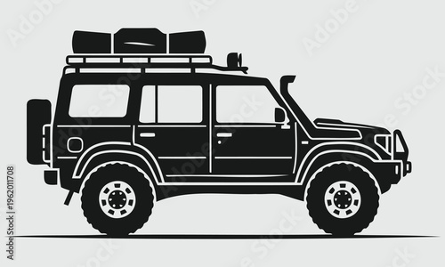 A minimalist flat vector silhouette of an off-road 4x4 overland expedition vehicle equipped with a rooftop tent and rugged all-terrain tires