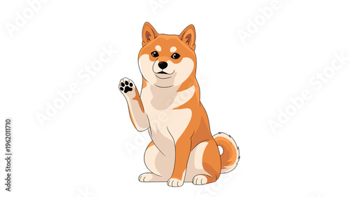 Friendly orange Shiba Inu dog sitting and raising one paw in a waving gesture on a clean white background.