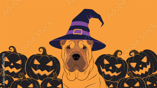 Halloween themed illustration featuring a Shar Pei dog wearing a purple witch hat surrounded by carved pumpkins.
