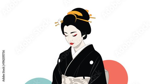 Beautiful illustration of a woman in traditional Japanese kimono and elaborate hairstyle looking down serenely.