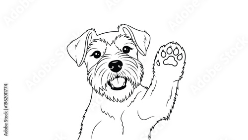 Schnauzer dog puppy outline drawing waving its paw with a happy expression and open mouth on a plain white background.