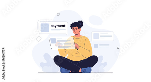 Woman using digital tablet for online payment, modern flat illustration
