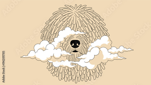 Puli or komondor dog head with long corded hair floating amidst soft white clouds on a tan background in a creative style.