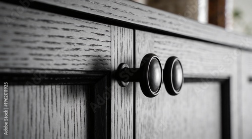 Extreme Macro Close-Up of Matte Black Cabinetry at Eye Level, Showcasing Intricate Details and Shallow Depth of Field