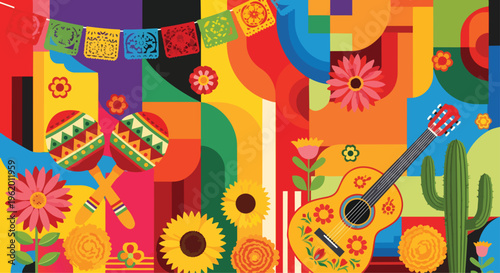Colorful mexican fiesta scene with maracas, guitar, sunflowers, and papel picado banners - celebration illustration, cinco de mayo