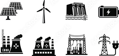  Hydroelectric energy generation and infrastructure, renewable sources, solar and wind, traditional power plants and electrical grid components. 