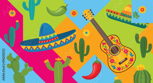 Mexican fiesta illustration with sombrero, guitar, cacti, and jalapenos on geometric background - festive celebration, chili pepper