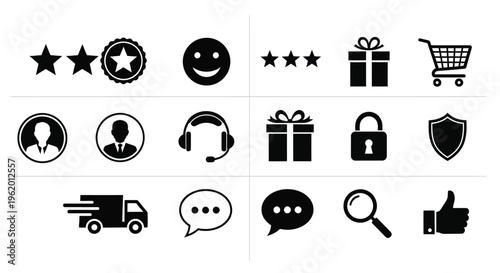 Collection of black icons for business shopping and communication on white background