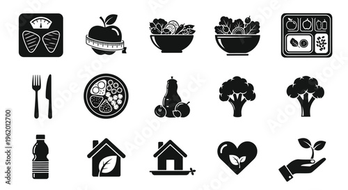 Healthy lifestyle icons including food exercise and eco friendly living symbols in black and white