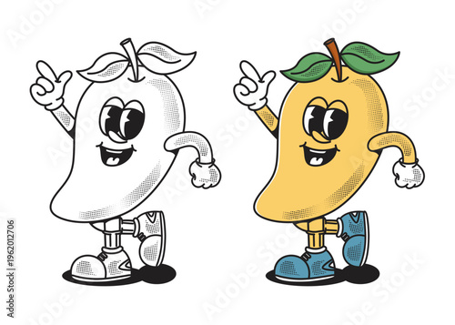 Retro mango mascot character in two styles, vibrant color and classic line art. A fun vintage-inspired design perfect for streetwear, stickers, and apparel branding