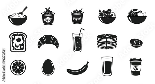 Black and white illustration set of various breakfast foods and drinks on white background