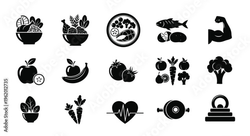 Black icons of healthy food fitness and nutrition symbols wellness concept healthy lifestyle diet and exercise nutrition and health fitness motivation workout and food healthy