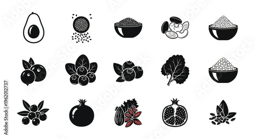 Variety of fresh fruits and bowls of grains on a clean white background for healthy eating and nutrition concepts