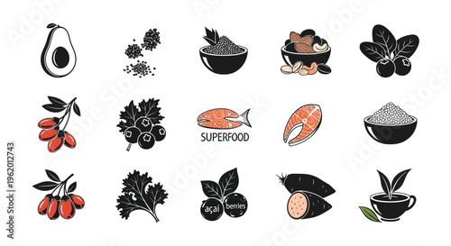 Collection of superfood icons including fish seafood fruits and grains on white background