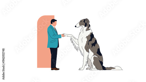 Formal gentleman in a blue suit shakes hands with a majestic borzoi dog in a minimal illustrated style against white.