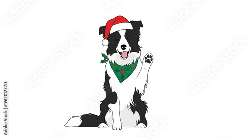 Border collie dog wearing a red santa hat and a green christmas bandana waving its paw against a white background.
