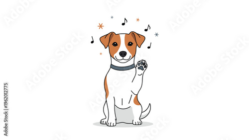 Happy jack russell terrier puppy sitting with one paw raised surrounded by musical notes in a cute cartoon illustration.