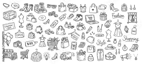 Hand drawn shopping and fashion doodle elements set. Vector illustration of retail symbols, clothing, accessories, and consumer icons in sketch style.