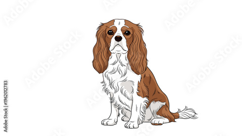 Detailed illustration of a charming cavalier king charles spaniel sitting patiently on a plain white background for design.