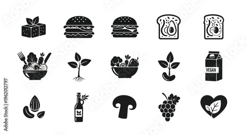 Collection of food and drink icons including burgers fruits vegetables and beverages on white background