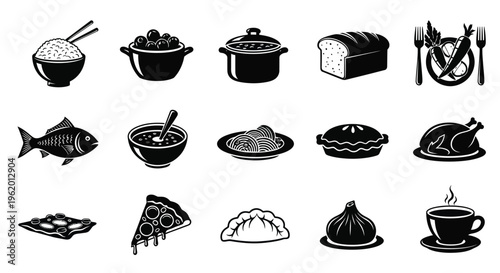 Variety of food and drink icons in black and white including seafood asian dishes and coffee