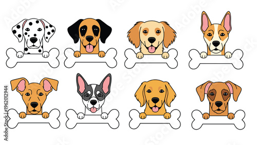 Group of various dog breed heads including dalmatian and golden retriever peeking over white bone shaped frames for names.