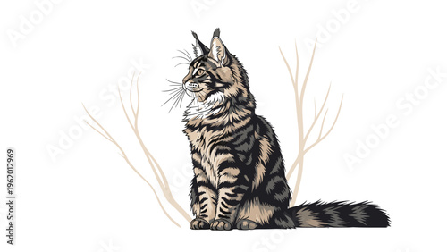 Elegant maine coon cat sitting majestically with its long striped tail and tufted ears in a detailed artistic illustration.