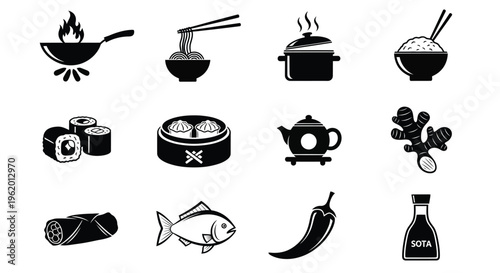 Various sushi ingredients and cooking utensils in black and white icons