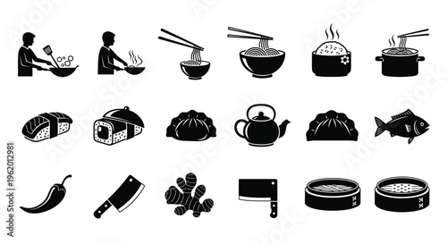 Black and white food icons set with people cooking and various dishes
