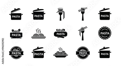 Black and white pasta logo icons set with various cooking utensils and labels