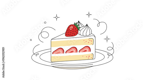 Delicious slice of strawberry shortcake with whipped cream and fresh strawberries on a plate with magical swirl decorations.