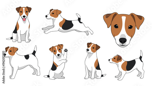 Jack russell terrier dog illustration collection featuring poses like jumping, sitting, and waving in a fun cartoon style.