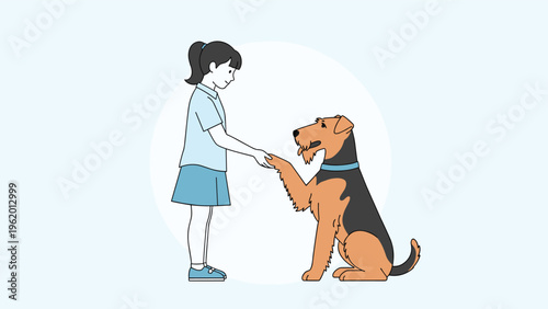 Young girl shaking paws with a large airedale terrier dog in a heartwarming scene of friendship and animal training.