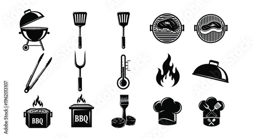 Black and white illustration set of barbecue icons including grill tools and food on a clean white background for cooking and outdoor concepts