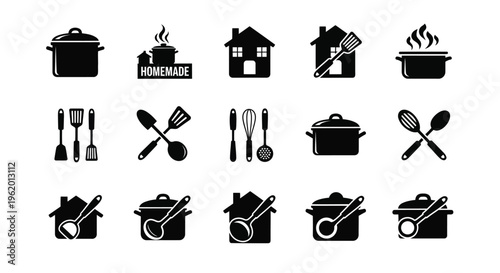 Black and white kitchen utensil icons set including cooking pots spatulas and home cooking symbols on white background for culinary and recipe themes