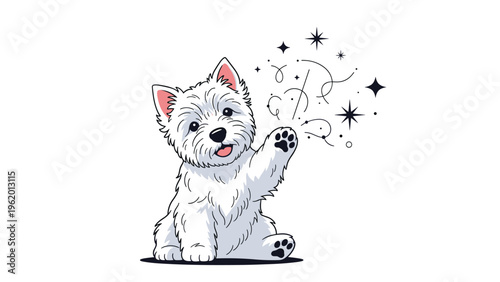 Cute white west highland white terrier puppy sitting and waving its paw with magical stars and sparkles around.
