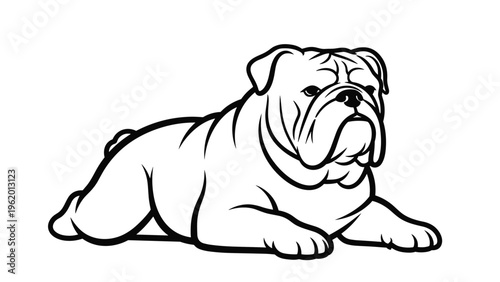 Simple black and white outline drawing of an english bulldog lying down in a relaxed and calm pose on white.