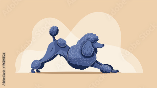 Stylized blue poodle dog in a play bow stretch position on a tan background with soft organic cloud like shapes.