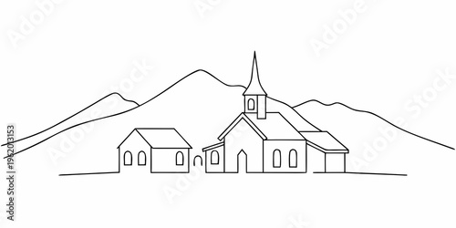 Simple line drawing of a church nestled among mountainous terrain