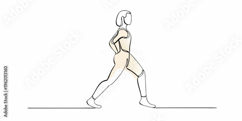 A single continuous line drawing depicts a woman confidently walking forward