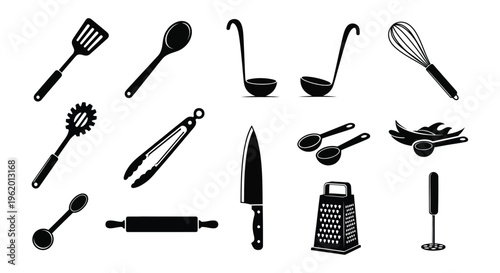 Collection of kitchen utensils and tools on white background for cooking and food preparation